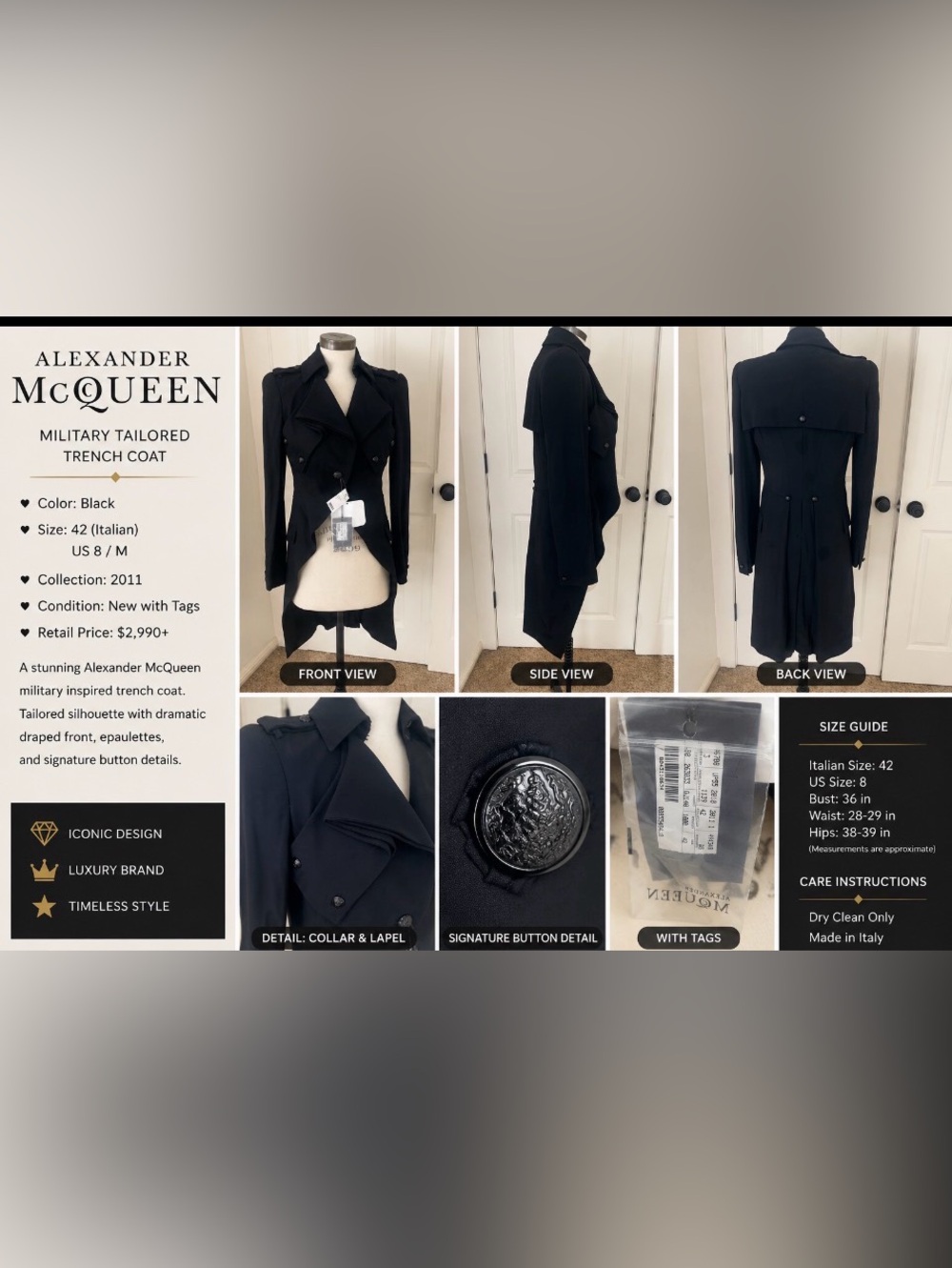 Alexander McQueen Black Military-Inspired Tailored Trench Coat